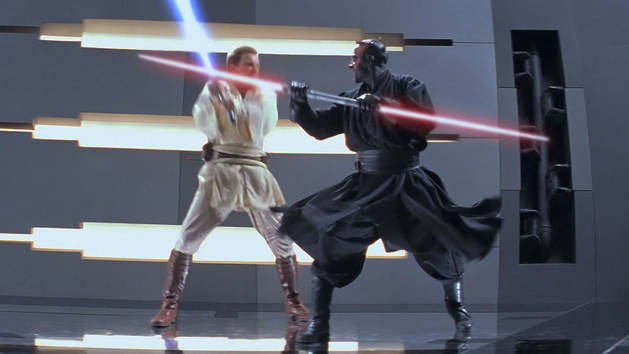 Darth Maul blocking a lightsaber slash from Obi-Wan Kenobi