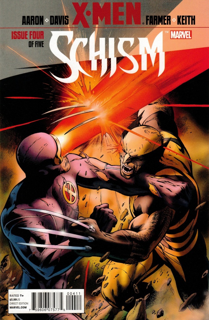 Cylcops and Wolverine fighting with their superpowers on issue four of the five-run X-Men: Schism event